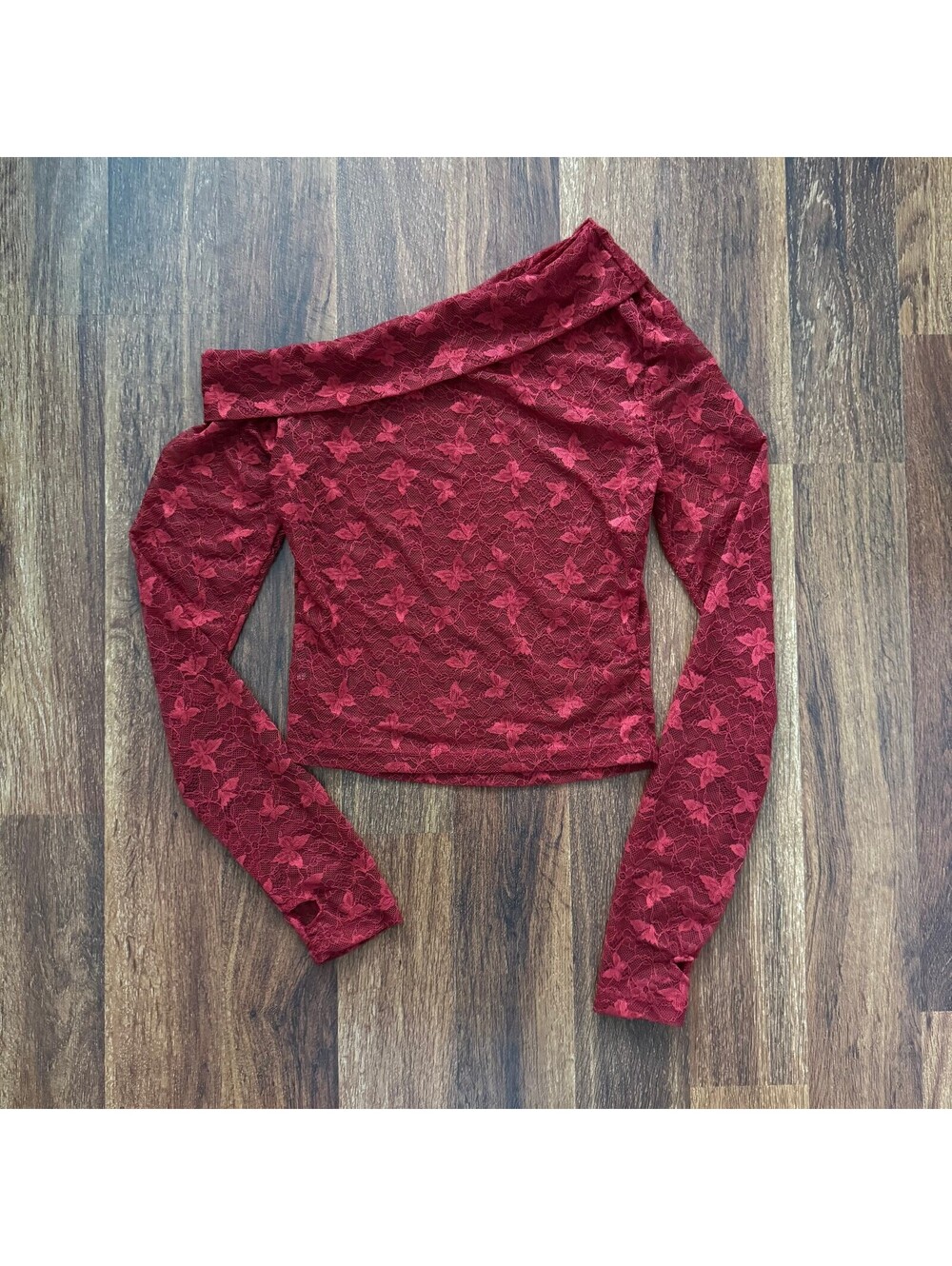 Whimsygoth Burgundy Lace Long-sleeve Asymmetrical Off the Shoulder Top Size XS